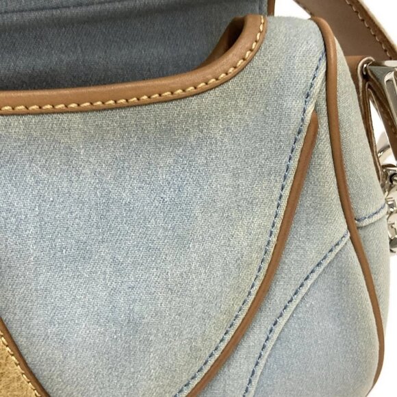 Auth DIOR/ChristianDior Double Saddle Bag Light Blue Beige Denim Leather Handbag - Picture 15 of 16